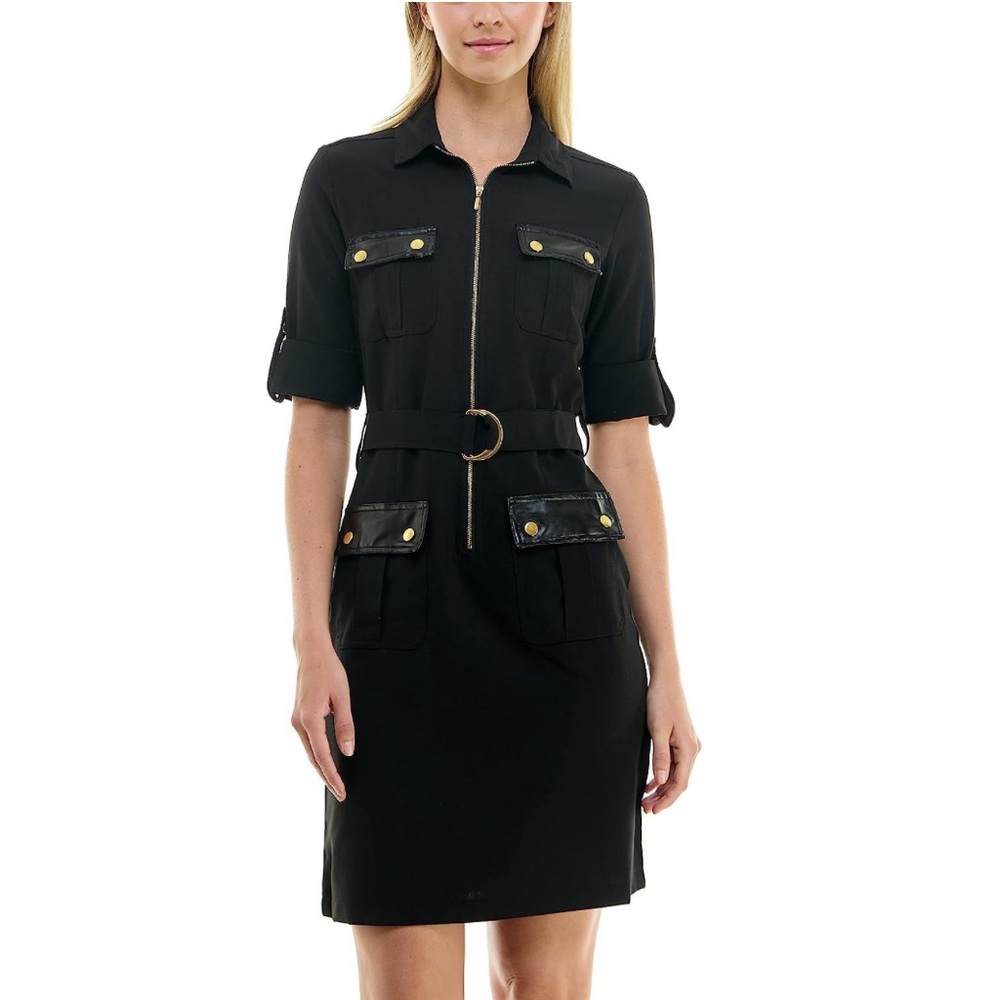Sharagano Four Pocket Sharkskin Shirtdress with Pleather Trim
Black Sz 10 NWT